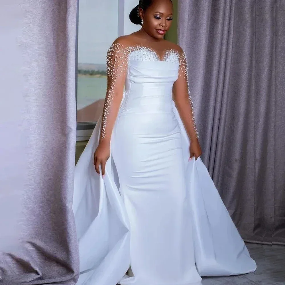 Elegant Mermaid Pearl Folded African Women's Wedding Dress Sexy Transparent Collar Long Sleeve Ball Bridal Dress Customized