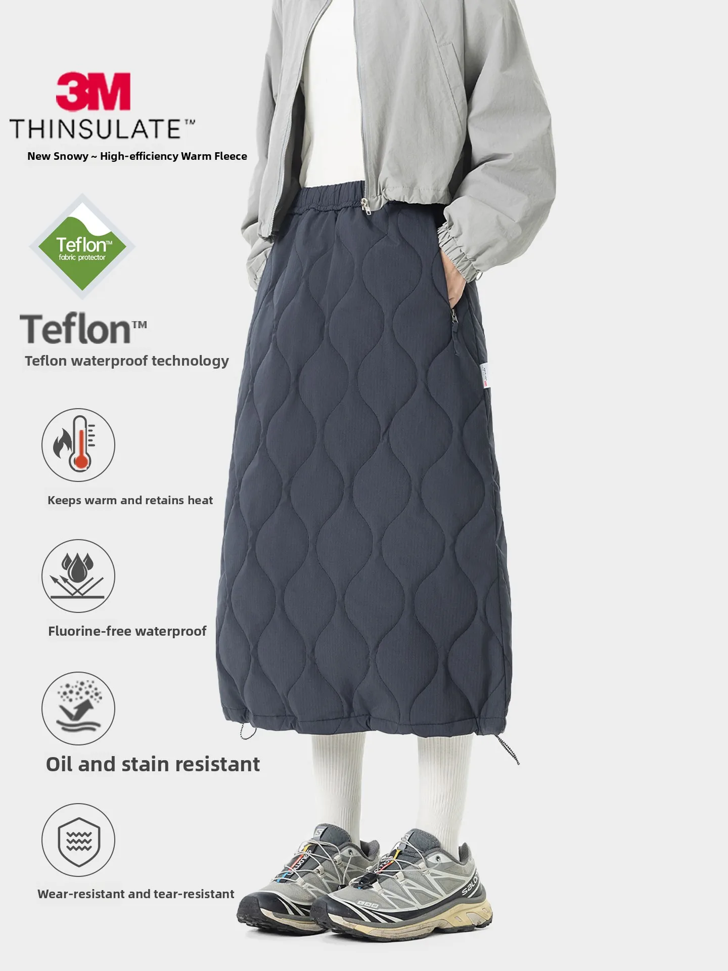 Winter Outdoor Women's High Waist A-Line Skirt Quilted Texture Cotton Insert Warmth Adjustable Flower Clasp Workwear Skirt