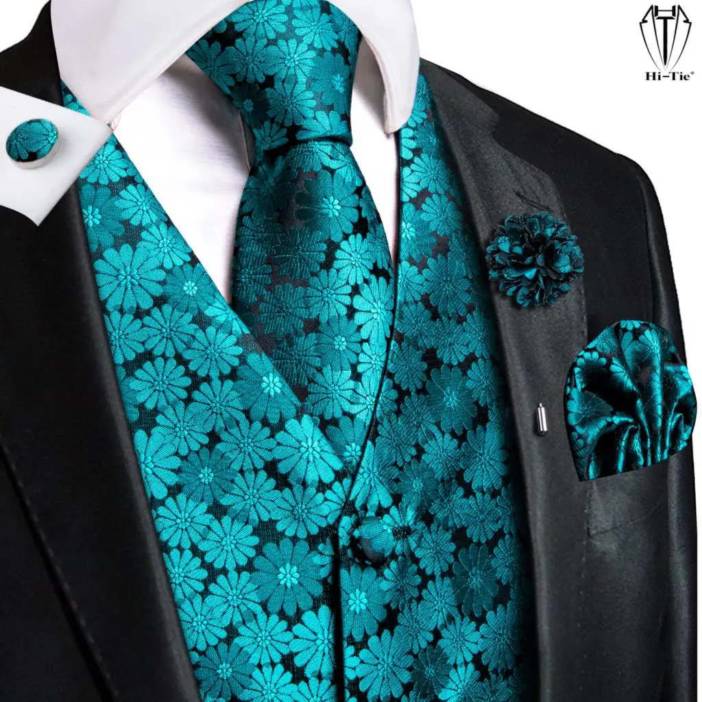 Hi-Tie High Quality Silk Mens Vests Teal Floral Jacquard Waistcoat Tie Hanky Cufflinks Brooch Set for Men Suit Wedding Office XL