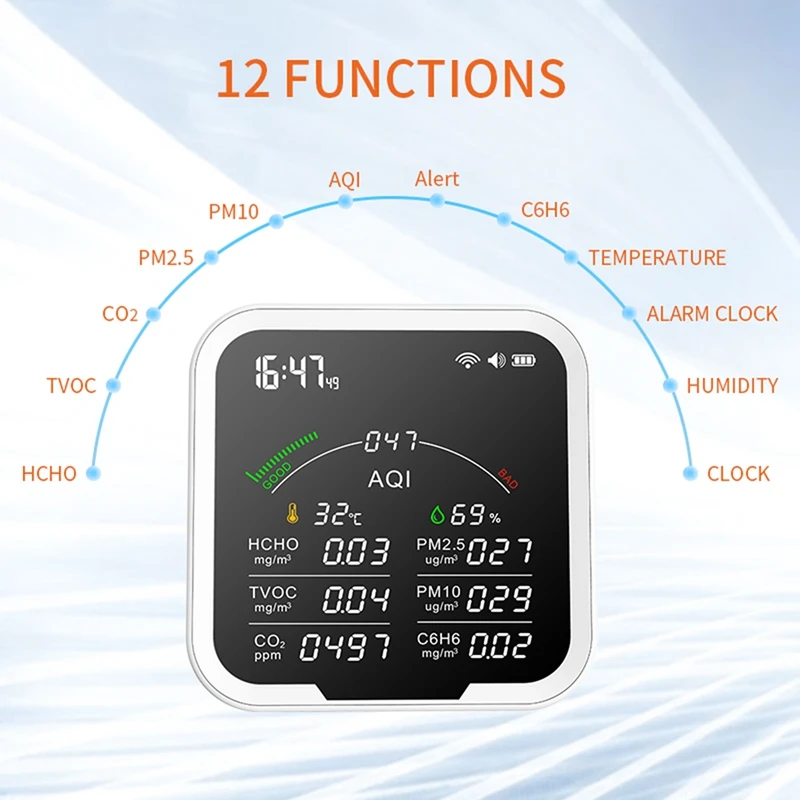Plastic Air Quality Monitor Thermohygrometer, Clock Alarm And Gas Detector Of PM2.5,PM10,HCHO,C6H6,CO2 Sensor