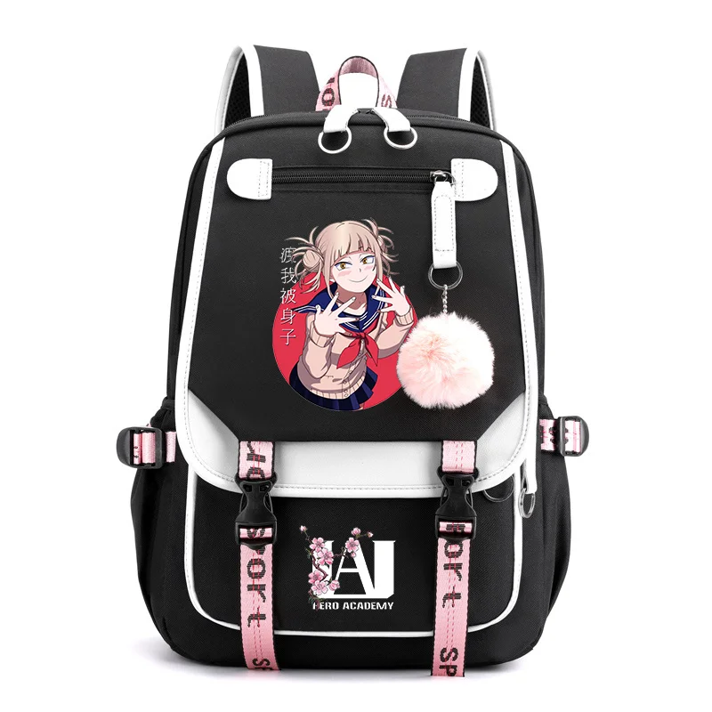 Anime novo himiko toga padrão mochila adolescente moda rua legal usb mochila grande capacidade casual zíper mochilas