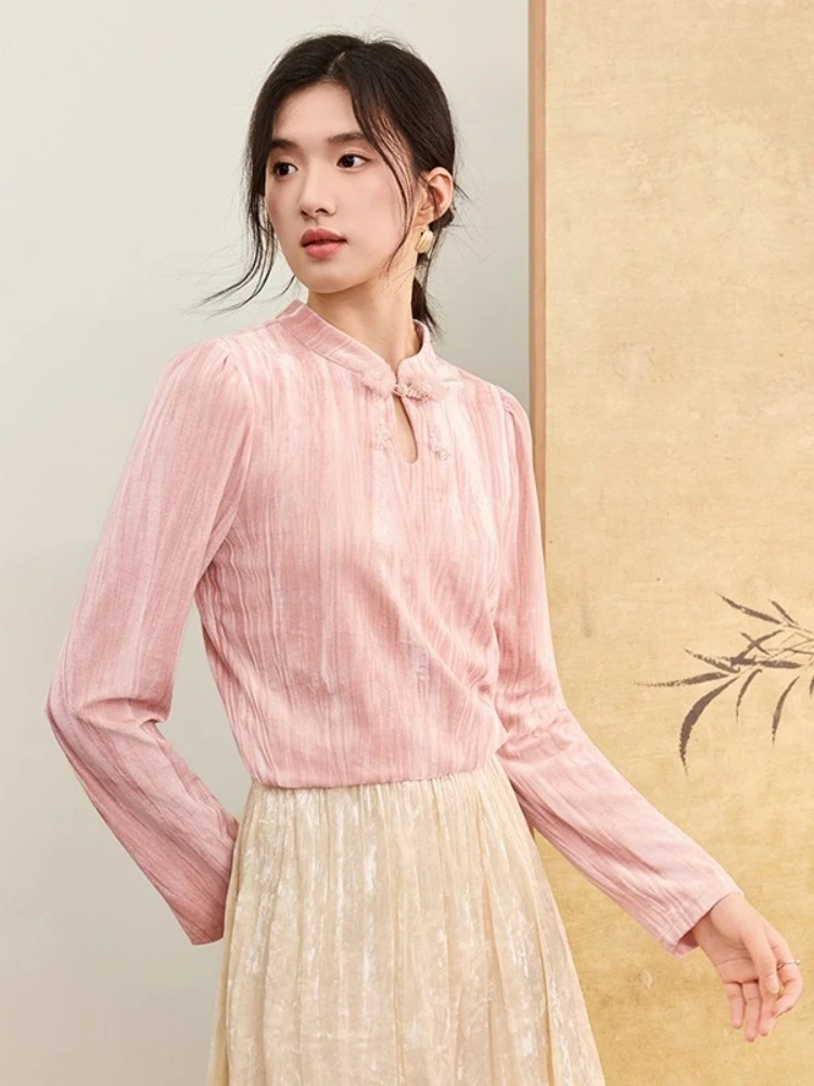 

SENTUBILA Elegant Women Shirts 2025 Autumn New Stand Collar Velvet Shirts Long Sleeve Blouses Casual Commute Tops 154CN3451