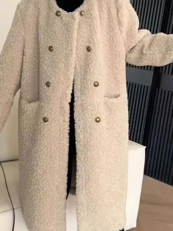 

Длинная женская шуба из овечьего меха в стиле ретро, теплая верхняя одежда, осень-зима, свободная модная корейская версия, высокая талия, полиэфирное волокно