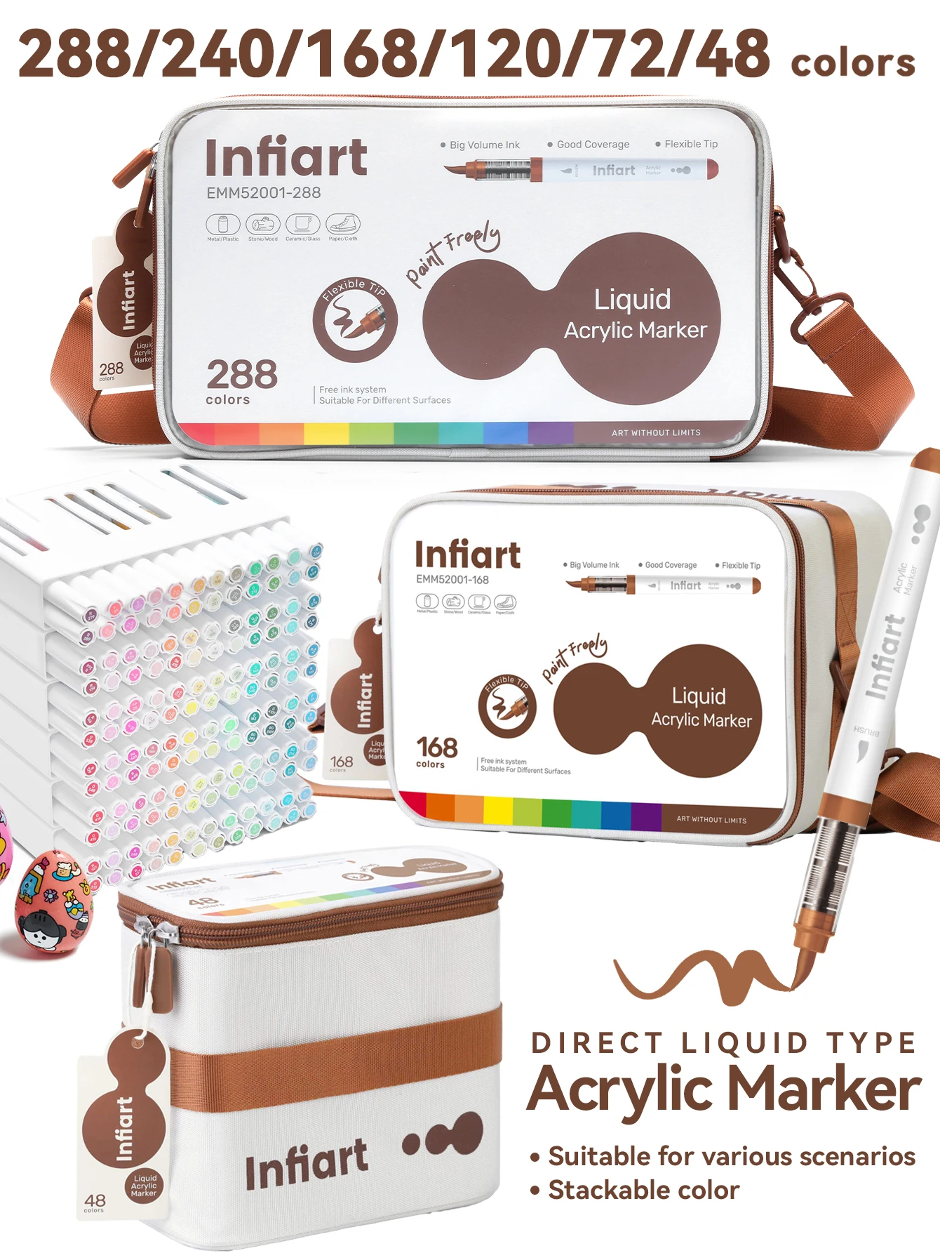 

Direct Liquid Acrylic Soft-Tip Marker Pen Set, Available in 48/72/120/168/240/288 Colors, All Sizes Available, Portable Storage Bag Packaging, Flexible Soft Tip with Controllable Ink Flow, Direct Liquid Ink System, High Coverage and Layering Ability, Suit