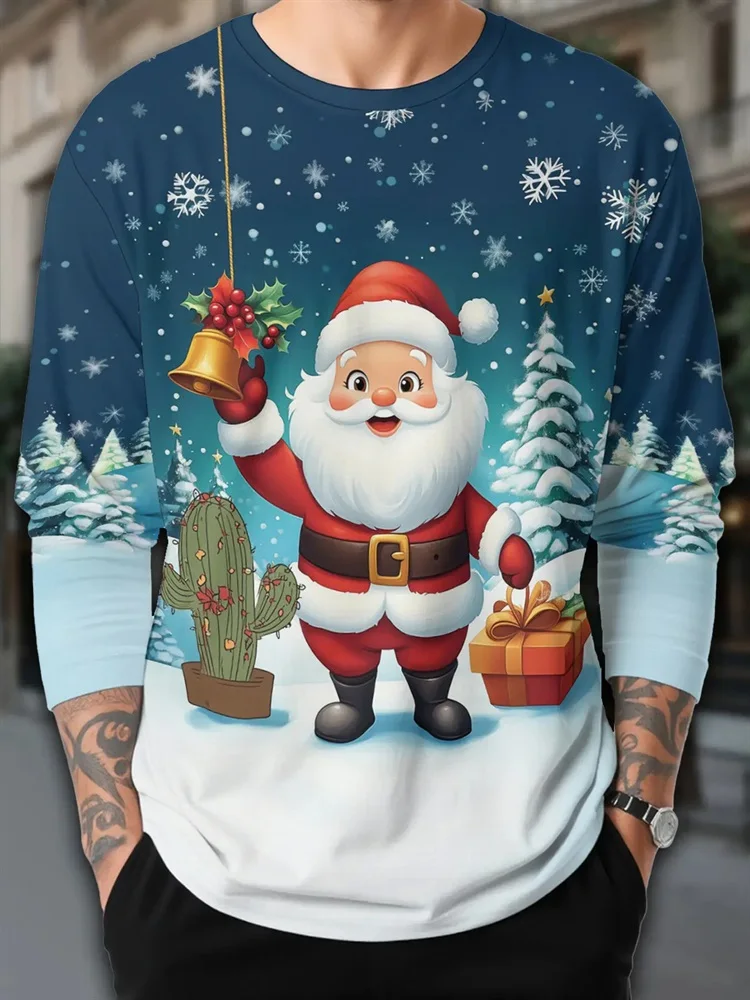 Men's Christmas Santa Claus Bell Holly Cactus Gift Tree Snowflake Long Sleeve T-Shirt Graphic Tee Pullover Tops Gift Holiday