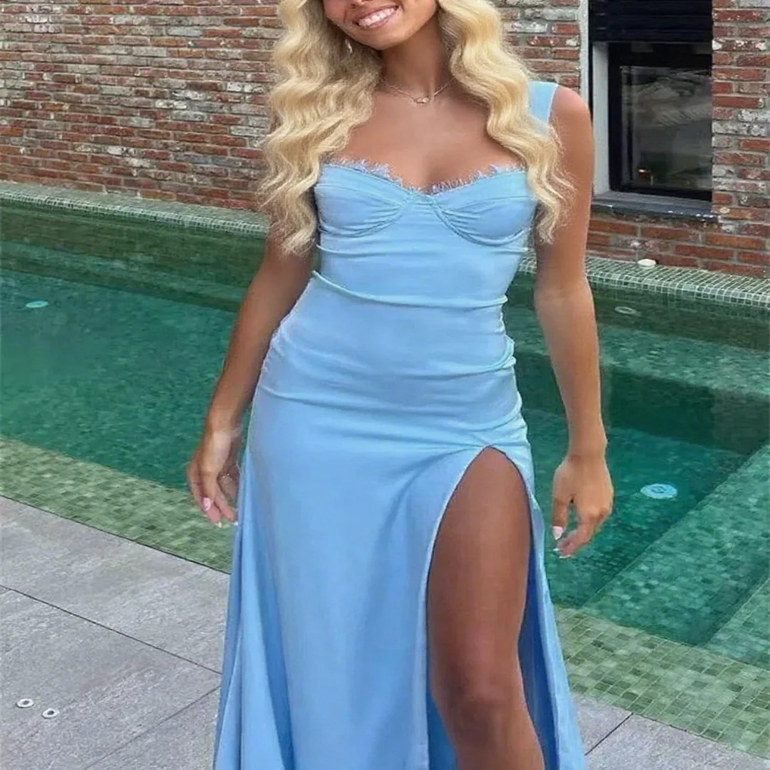 

Customized sexy satin side slit mermaid ball gown with shoulder straps, women's formal elegant evening dress