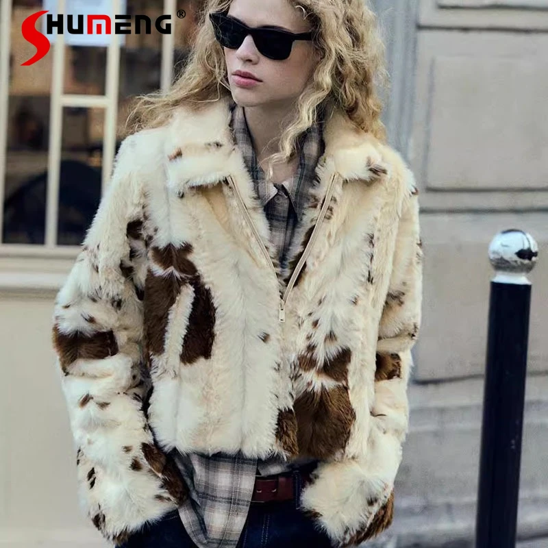

Women's 2025 Autumn Winter Fashion Lapel Tops Feminine Printed Faux Fur Jackets Short Style Tops Long Sleeve Contrast Color Coat