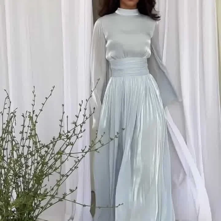 2024 New Solid Color Satin Maxi Pleated Plastic Wedding Dress Women Elegant O-Neck Waist Party Long Dress Women