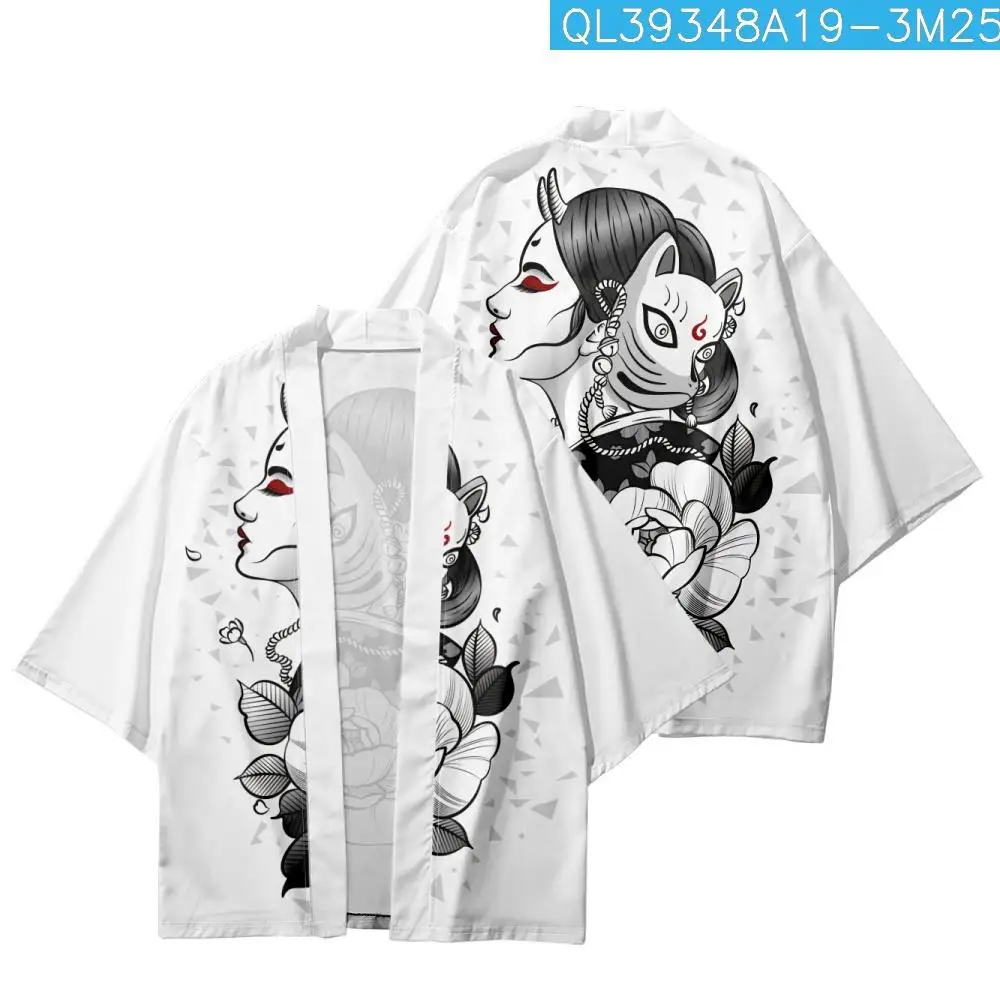 

Loose Casual Couple Women Men Japan Kimono Beach Shorts Cartoon Beauty Flower Mask Printed Cardigan Haori Yukata Streetwear