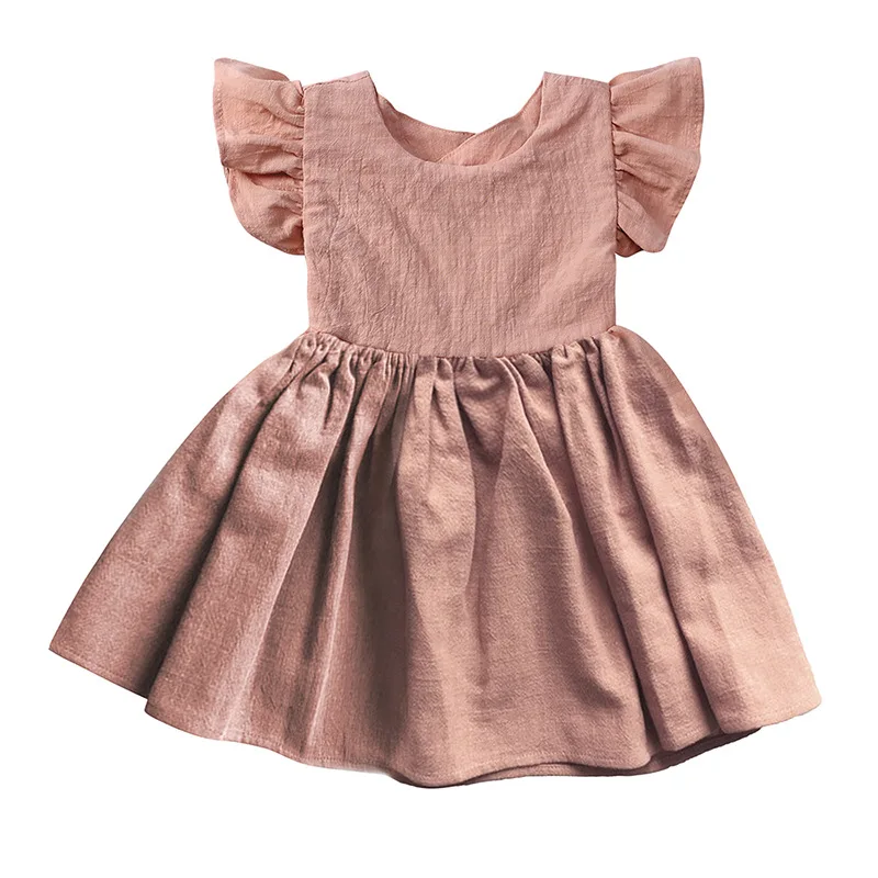 Robe trapèze à lacets en coton et lin pour bébés filles, manches volantes solides, col rond, nœud papillon, robes de princesse décontractées pour tout-petits, été, nouveau