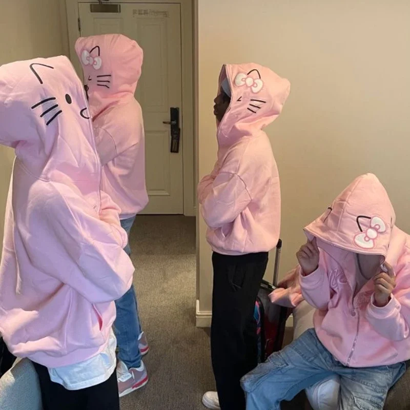 Y2K ジップアップ原宿印刷ラインストーンパターンかわいい特大パーカーカジュアル男性女性トレーナーファッションカジュアルストリート