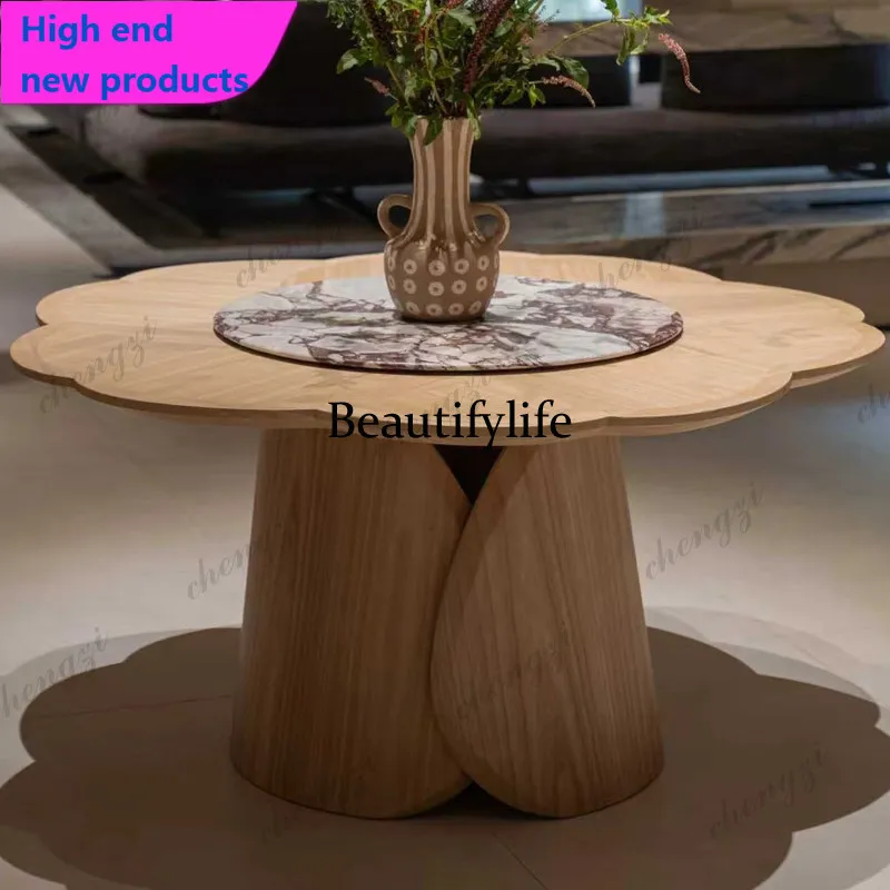 Medieval cream style solid wood designer dining table French retro petal marble round table household small apartmentA68