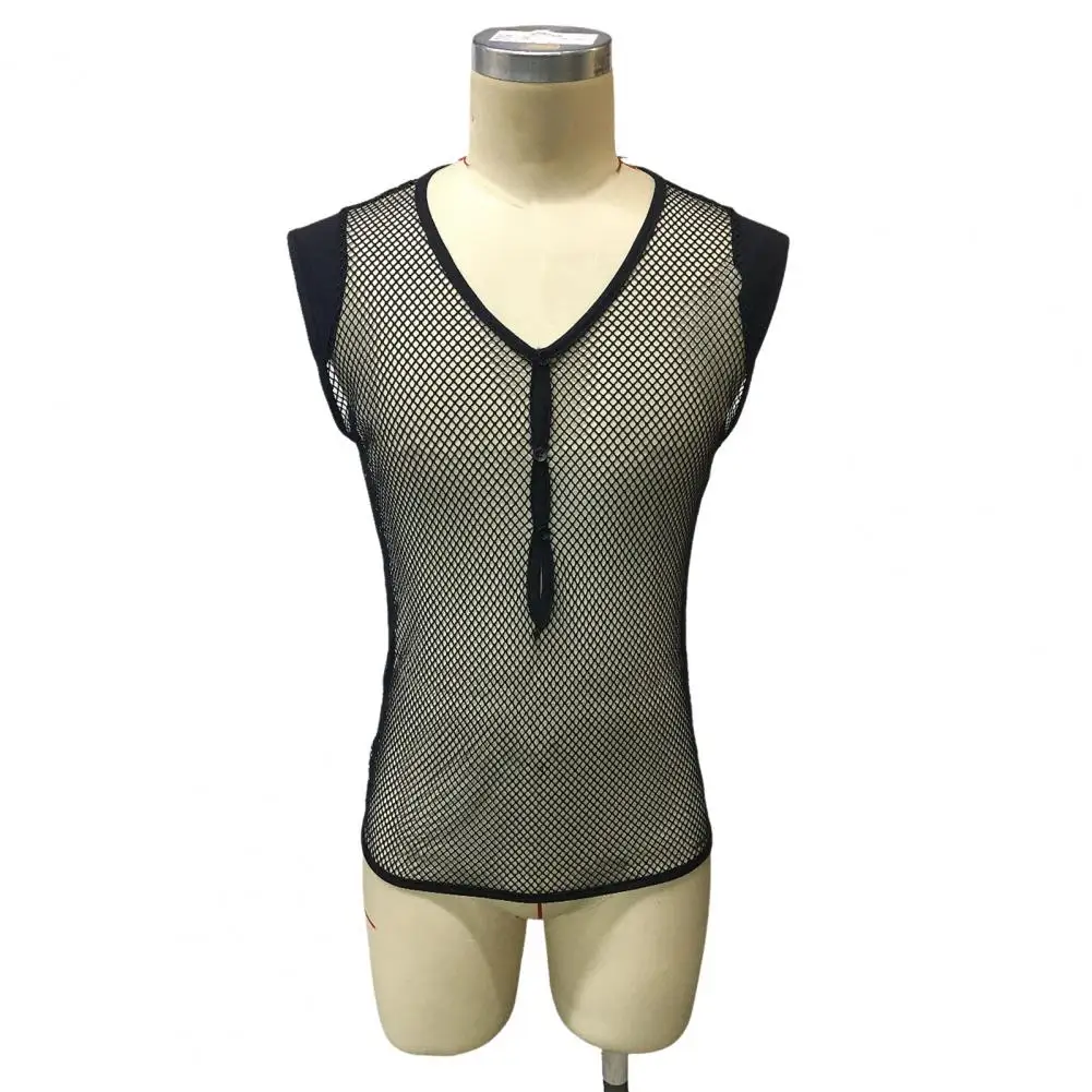 Men Mesh Vest Mesh V-neck  with Wide Shoulder Straps Solid Color Camisole for Stretchy Comfort Tank Top