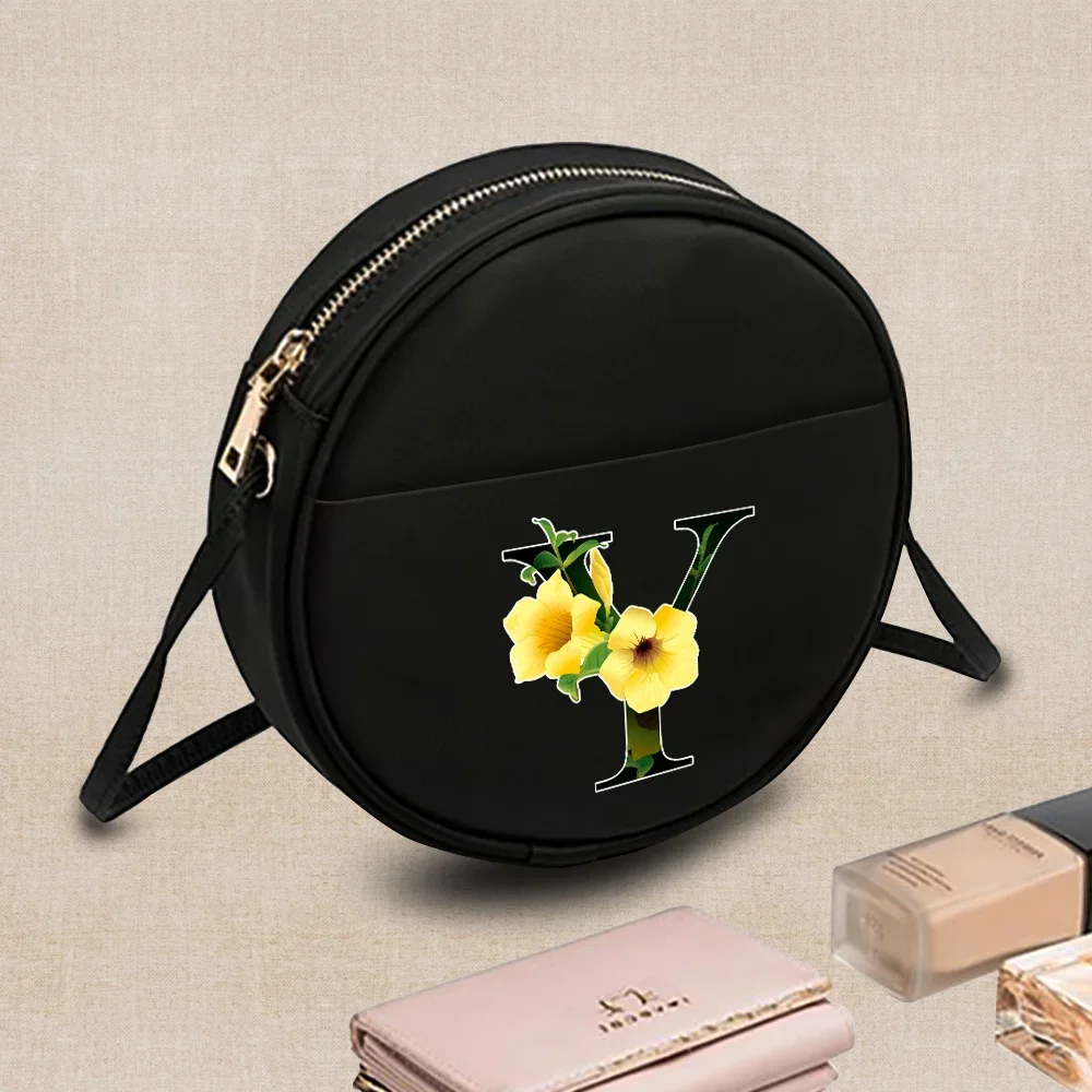 Women Round Crossbody Bag Pattern Flower Color Letter Printed Ladies Small Messenger Shoulder Bag Small Coin Purse Handbags