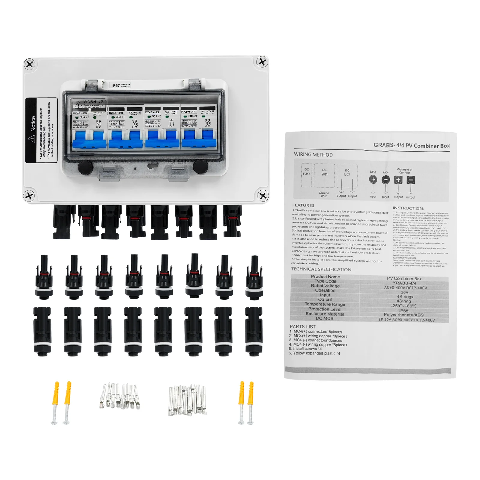 DC 12–400 V PV-Kombinator-Box, 4 Eingänge, 4 Ausgänge, 2 Eingänge, 2 Ausgänge, Solar-Leistungsschalter, IP67 wasserdicht, Flammschutz, Überspannungsschutz – Detail 4