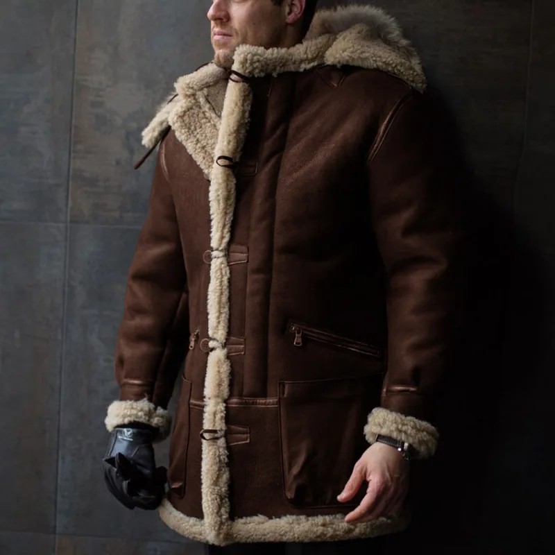 Autumn and Winter Explosion Single Fur Integrated Windproof Hood with Upright Fur Collar Thickened Coat, Faux Leather Fleece Men