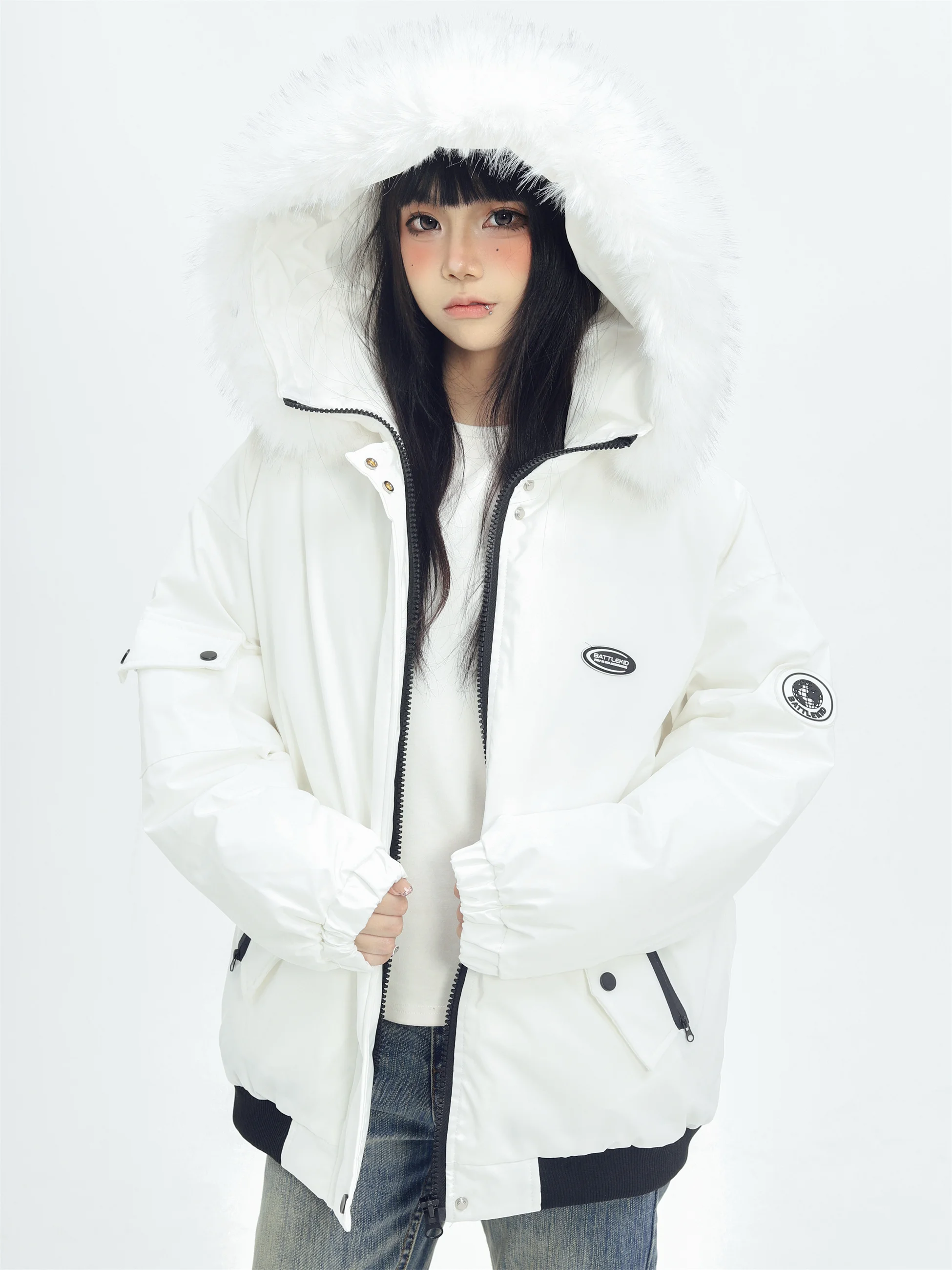 

KESOAK American Retro Hooded Jaet Removable Fur Collar Winter Workwear Parka Cold-resistant Warm Outerwear Street Sle Loo...