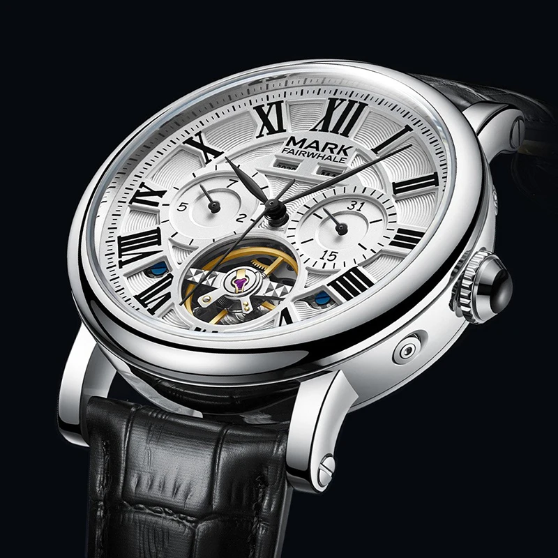 men automatic mechanical watch luminous perpetual calendar tourbillon date see through case back week month display 43mm dial