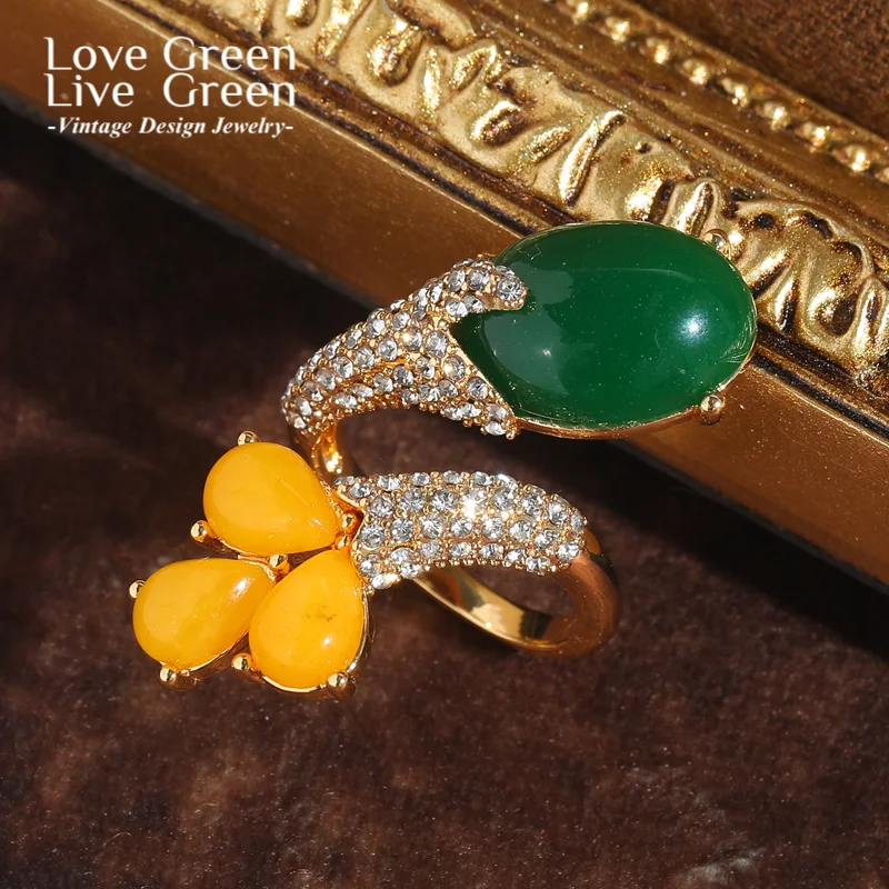 

Vintage Jewelry Rings Yellow Green Flower Stone For Woman Gold Color Accessories Luxury Designer Rhinestone High Quality Party