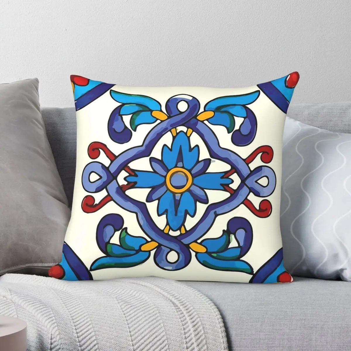 Talavera Tile Vintage Blue Flower Square Pillowcase Polyester Linen Velvet Creative Decorative Throw Pillow Sofa Cover 45x45