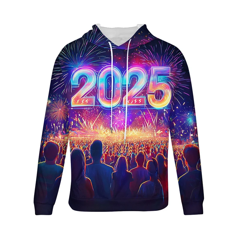 New Year Graphic Hoodie For Men Drawstring 3D Printed Firework Hooded Sweatshirt Festival Long Sleeve Loose Pullovers Tops