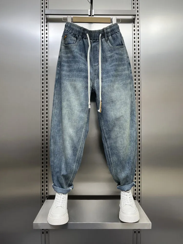 

Мужские джинсы свободного кроя, модные, универсальные, повседневные, брюки-девятки, с эластичным поясом, в стиле «харлан», для пожилых мужчин, весенняя новинка