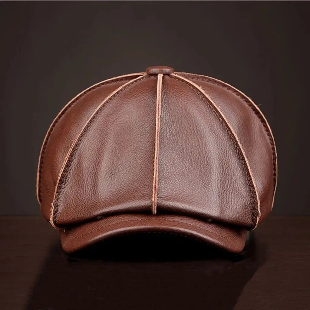 2023 Retro Octagonal Genuine Leather Hat Autumn Men\'s Cowhide Leather Beret Elegant Fashion Tongue Cap Snapback Caps For Men