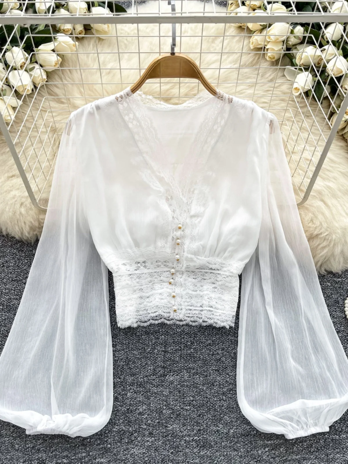 

Ele Lace Bubble Sve irt Women's Faionable Netting Design Autumn Top Korean Sle Loose Fit Long Sve Commute Wear