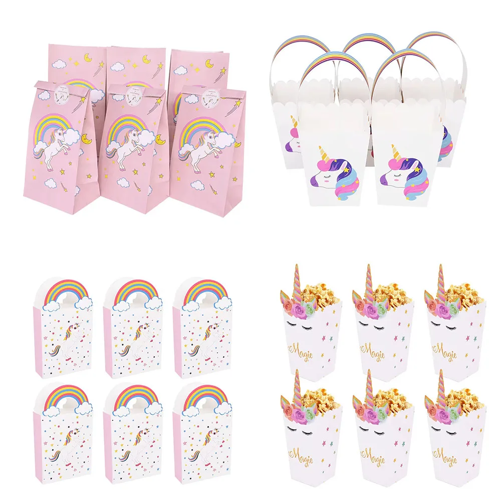 

8-18pcs Unicorn Party Candy Cookies Bags Paper Popcorn Box Kids Unicorn Birthday Party Decoration Gift Bags Baby Shower Supplies