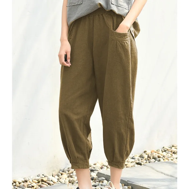 Summer Women's 2024 High Waist Elastic Spliced Pocket Folds Fashion Solid Color Radish Harlan Cotton and Hemp Crop Lantern Pants