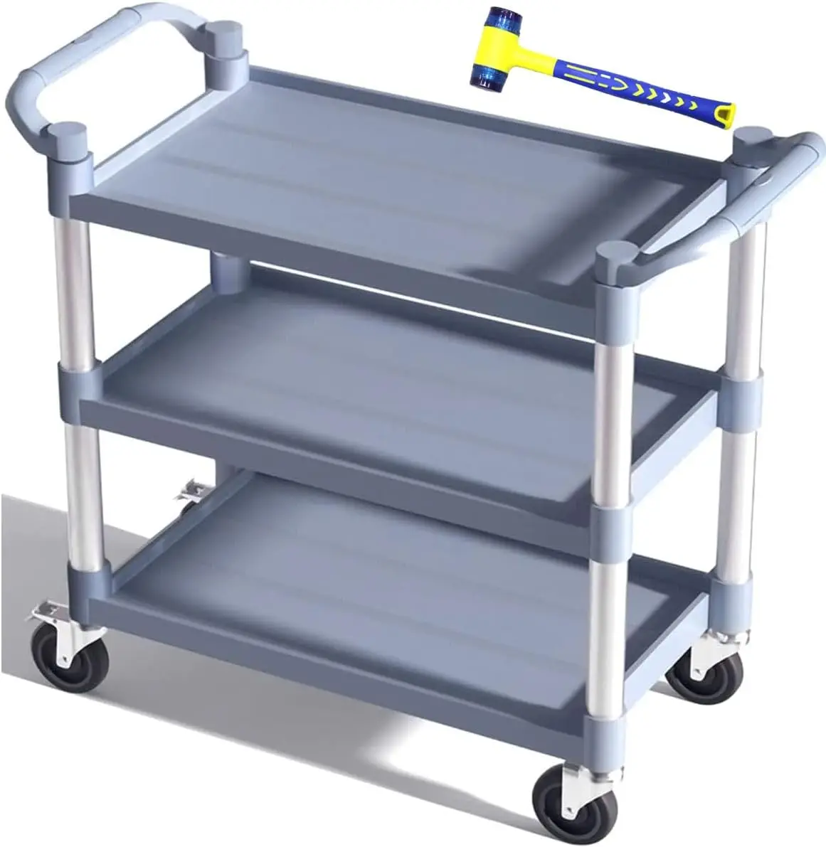 Large Heavy-Duty Grey Wheeled Utility Service Cart 600 LBS Load Capacity Rolling Food Transport Trolley 39.5×19.3×39.5 Inch Equipped with Lockable Casters Multipurpose Storage Cart for Kitchen, Office and Warehouse Commercial Use