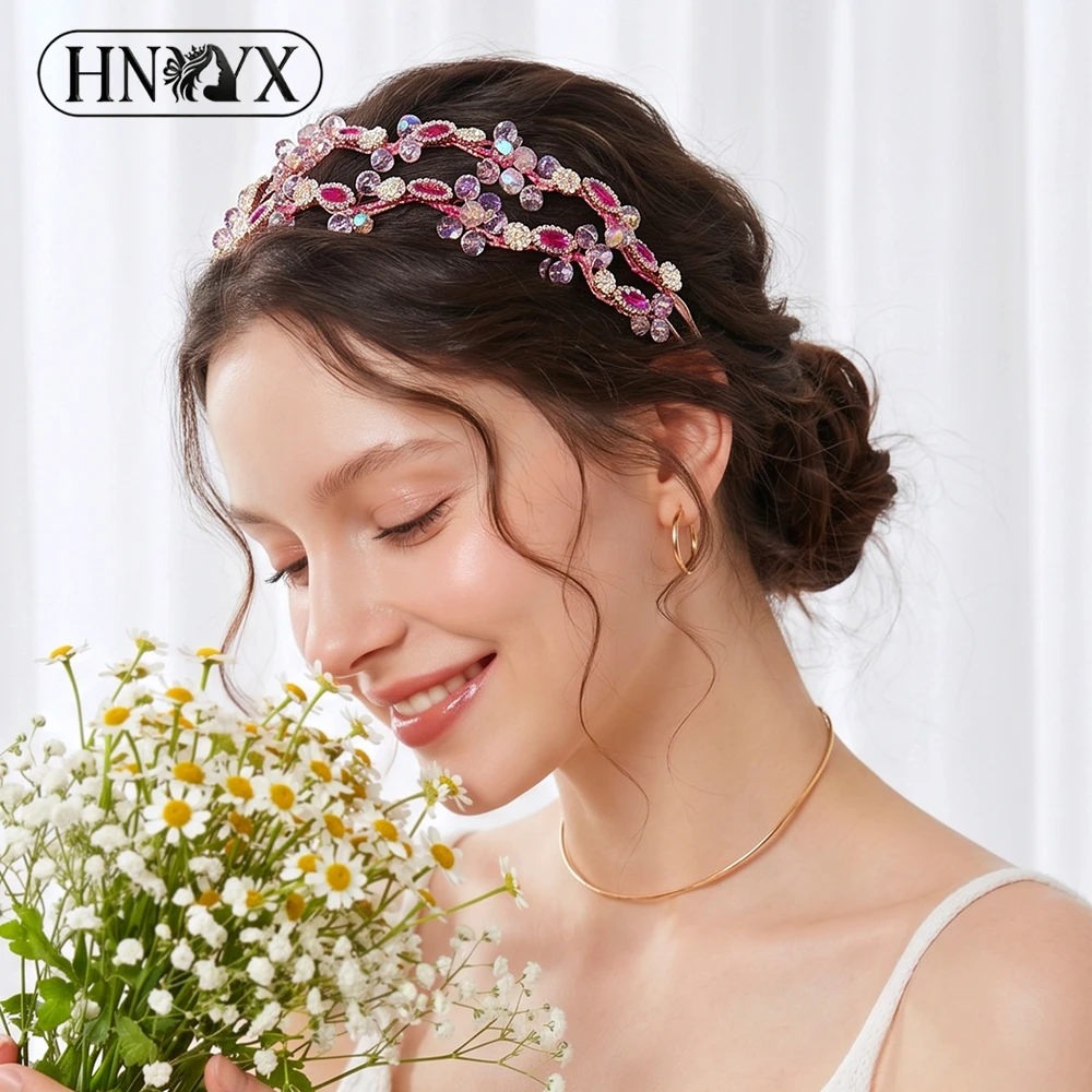 hnyyx-ピンクカラークリスタルラインストーン二層ヘアフーププリンセスパーティーウェディングヘッドピースティアラヘアアクセサリー-a162