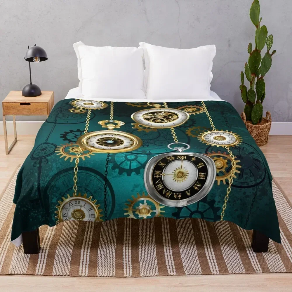 

Steampunk Watch with Chains on Green Background Throw Blanket Luxury Designer Furrys Warm Blankets