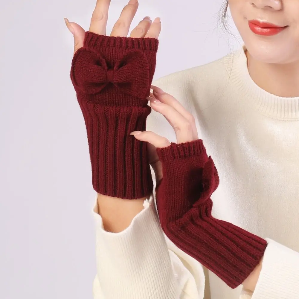 Fashion Touch Screen Bow Knitted Gloves Cycling Gloves Fingerless Twists Gloves Warm Wristband Half Finger Gloves Winter