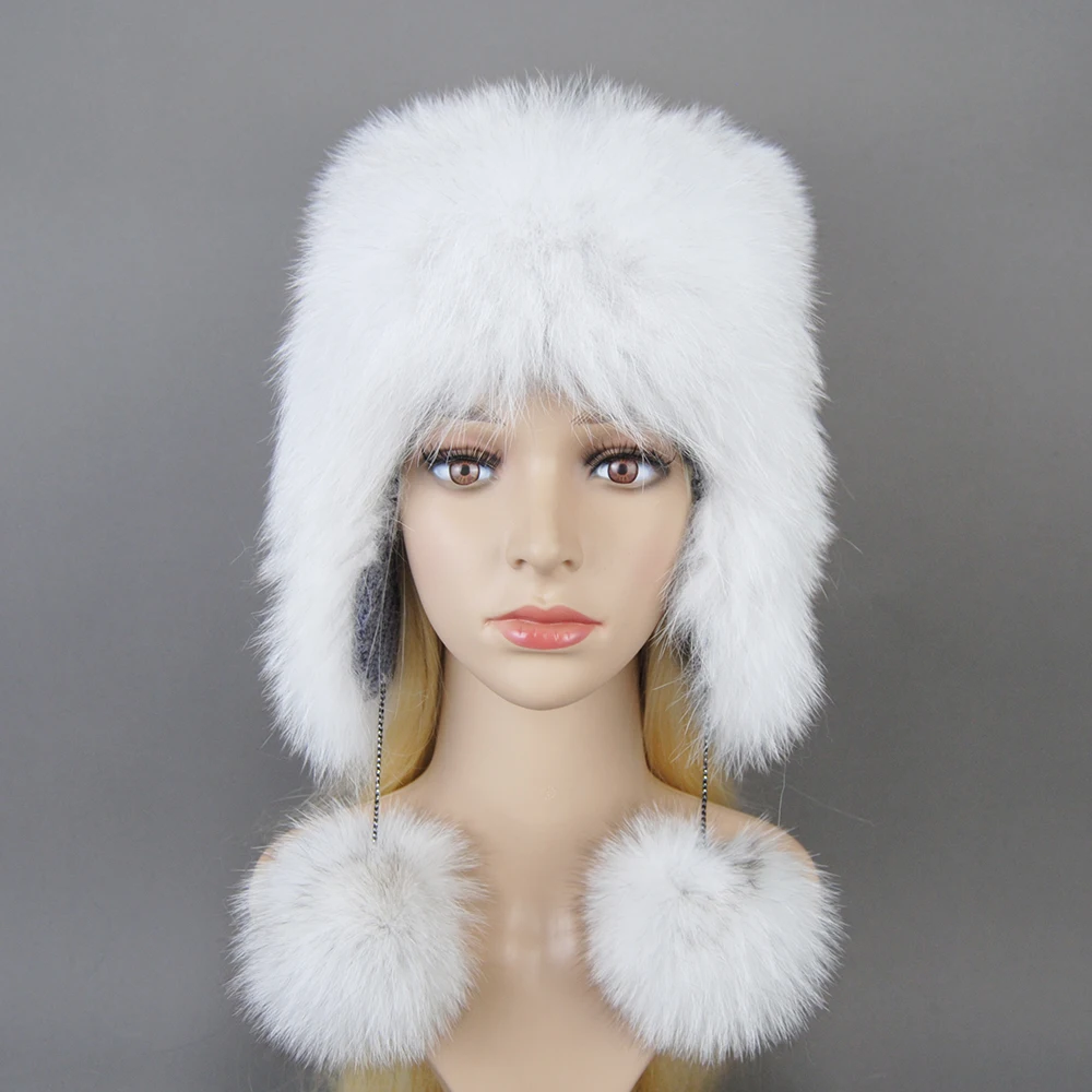 Hot Sale Luxury Ladies Winter Warm Real Fox Fur Hat hand knit women natural fox fur beanie hat genuine fox fur bomber hat