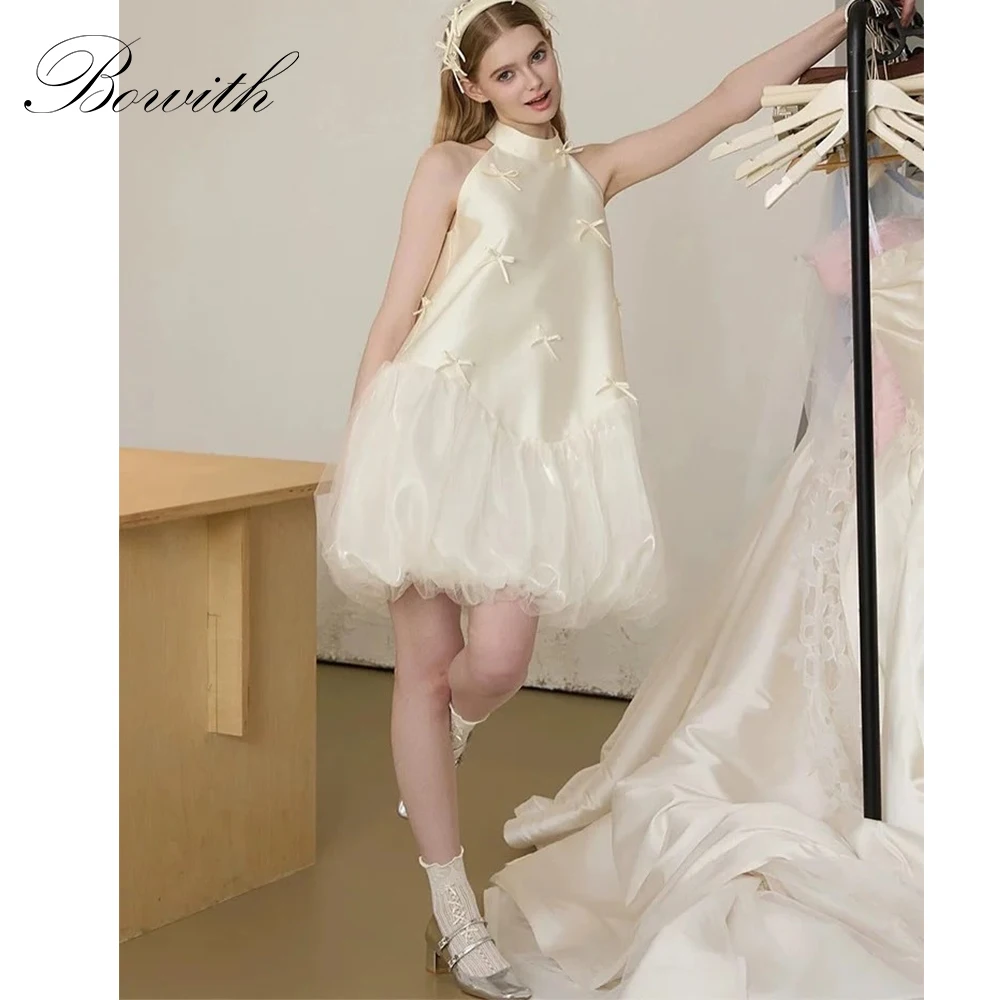 

Bowith Korean Short Wedding Snap Dresses Customized 2025 O-Neck Sleeveless Party Gown Bow Lovely Wedding Snap Dresses