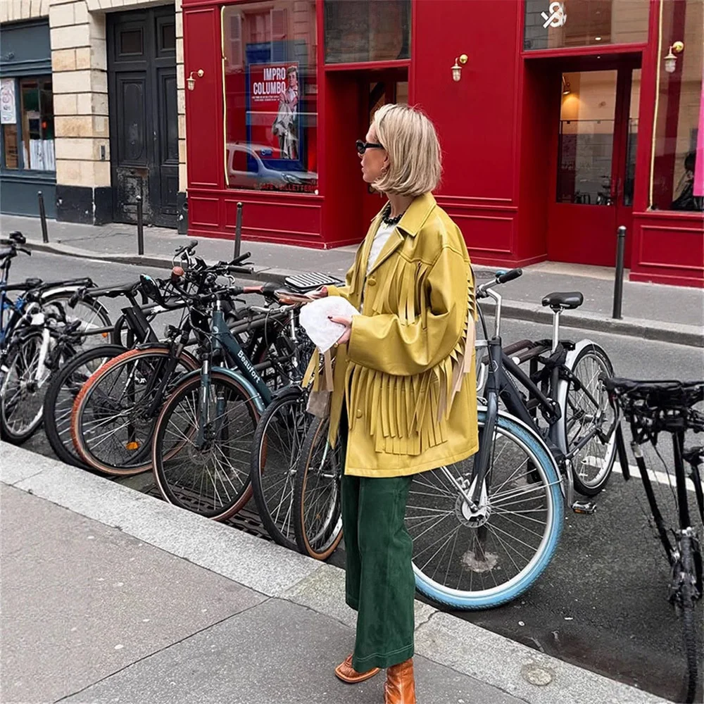 Kurtka skórzana damska w stylu streetwear, jednolity kolor, z frędzlami, nowość na jesień i zimę, styl europejski i amerykański.