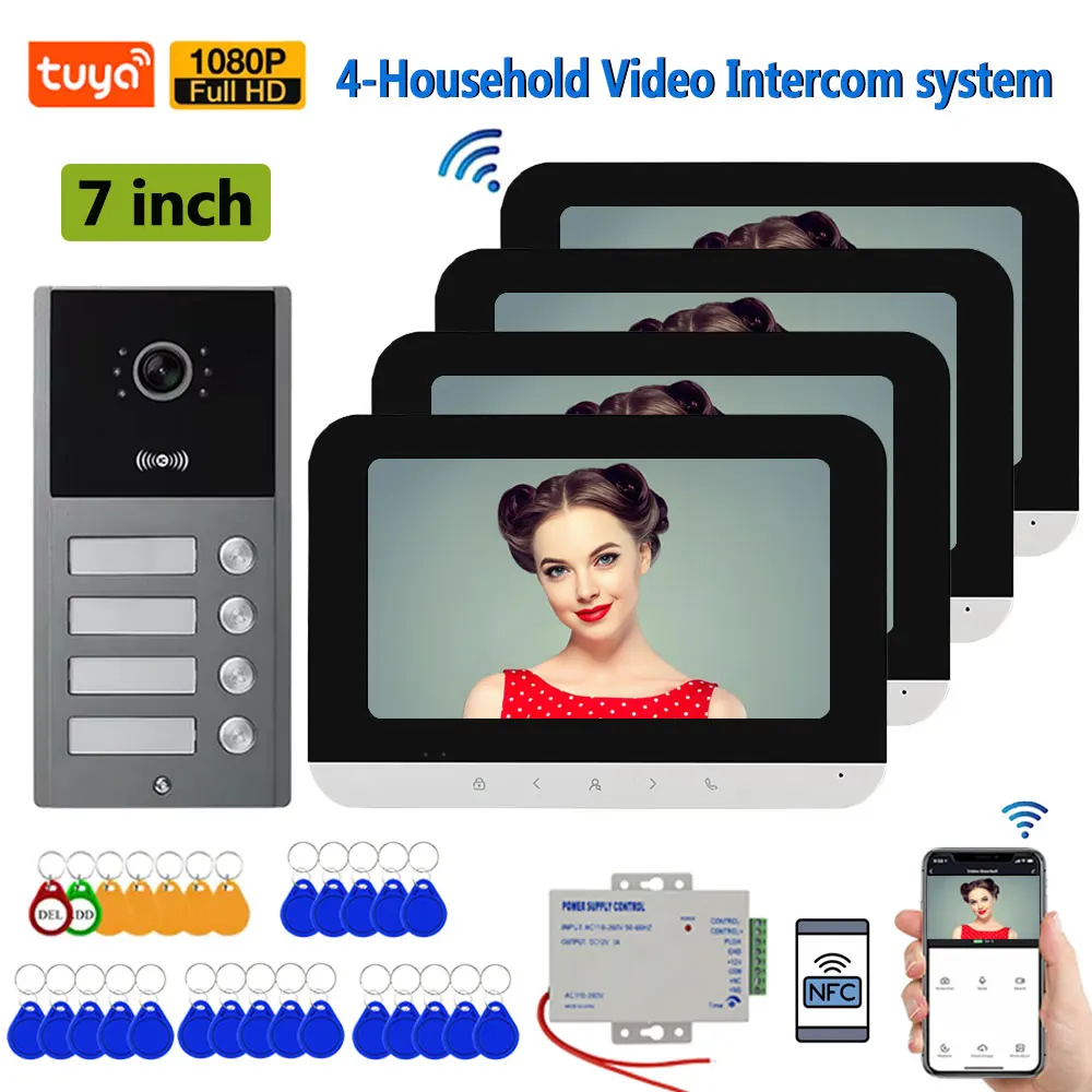 

Tuya Wifi 2/3/4 Unit Apartments Residential Video Doorbell Intercom 4 Wire 7 inch Video Intercom System with RFID Card Unlock