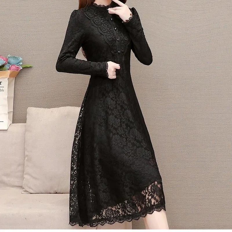 Autumn Winter New Solid Color Fashion Long Sleeve Vintage Dress Women High Street Slim Lace Patchwork Hollow Out Elegant Dresses