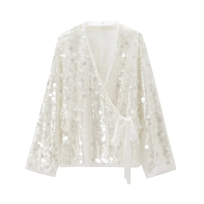 New Autumn Women Sequin Kimono Jacket Coat Long Sleeve V Neck Female Casual Loose Outerwear Chic Lady Wrap Outfits