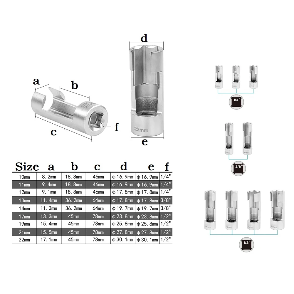 10-22mm 1/4 3/8 1/2 Diesel Injector Fuel Line Socket Wrench Set Union Nut Socket Convertor Adapter Chrome Woodworking Tools