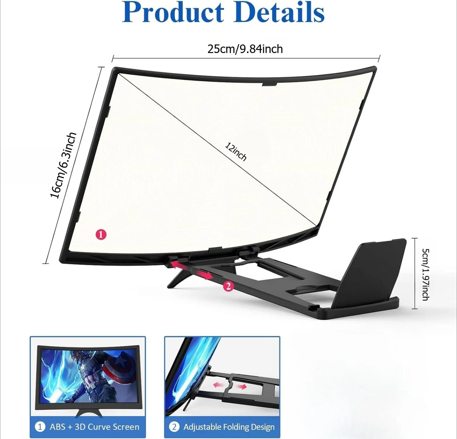 Lupa de pantalla curva de 12 "para teléfono móvil, lupa 3D HD, ampliadora de pantalla de proyector para películas, soporte plegable para teléfono y vídeo