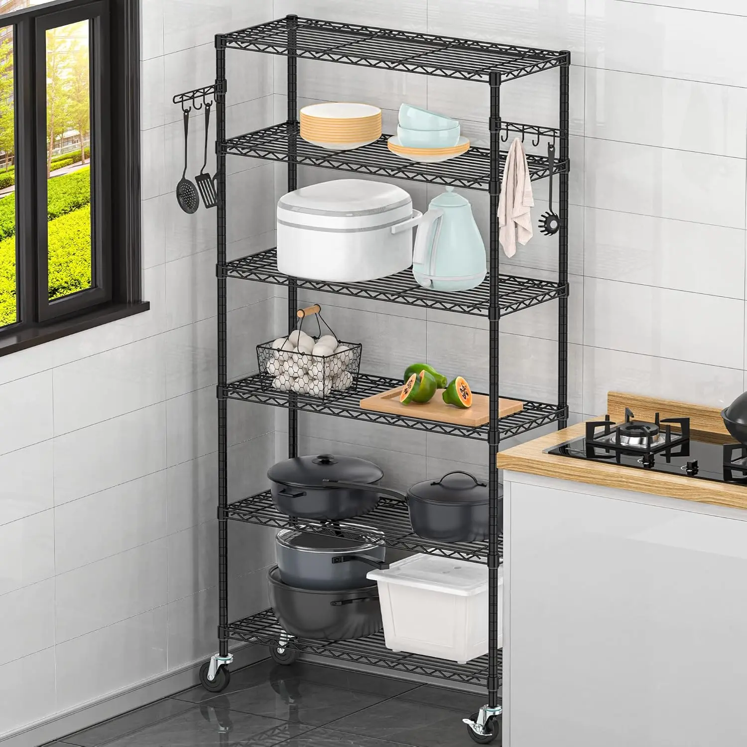 6-Tier Wire Shelving Unit with Wheels, Metal Storage Shelves Adjustable Layer Storage Rack Organizer Steel Utility Rolling