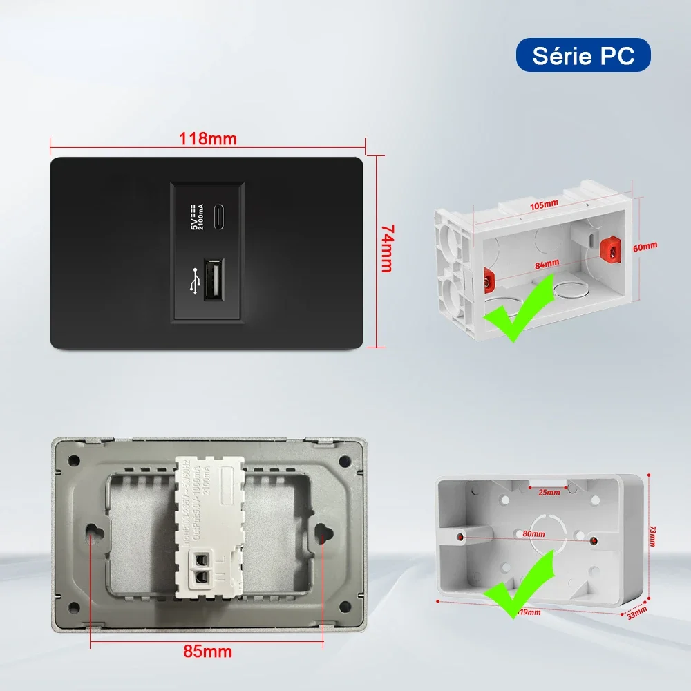 Melery 4*2 Brazilian Standard PC Flame Retardant Panel 20W Fast Charge Tpye-c USB Wall Socket, 118*74mm 2.1A 5V Outlet