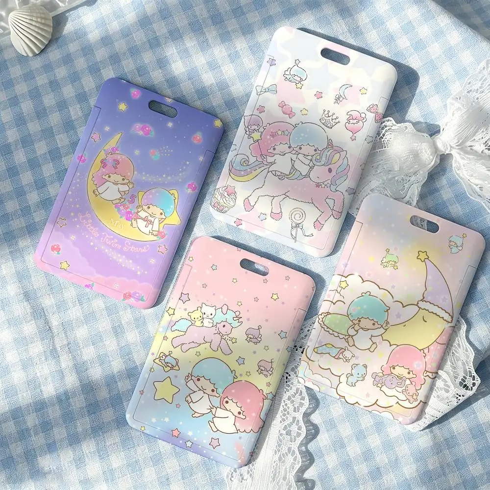 L-Little Twin Stars 1 Card Holder, Leather Card Storage Box, Key Chain, Access Tag Holder, ID Card Holder, Key Chain