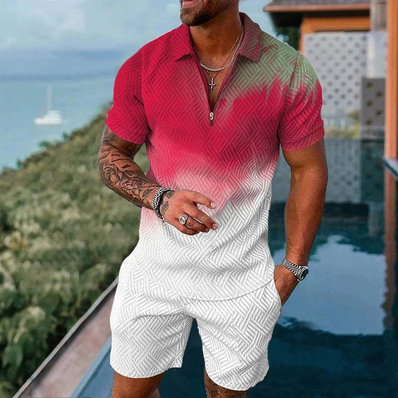

Summer Casual Zipper Polo Shirt And Shorts 2-piece set, Trendy men's Pullover Clothing Gradient Print men's Sportswear Set