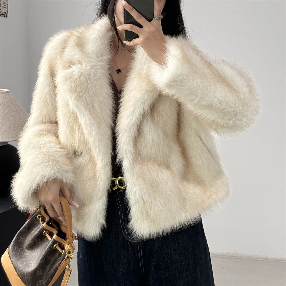 Women Faux Fur Jacket Vintage Turn-Down Collar Long Sleeve Coat Autumn WInter Woman Elegant Streetwear Lady Thick Outerwear