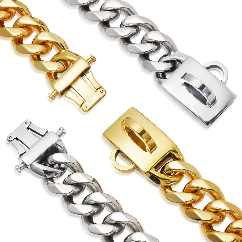 19MM Gold Dog Chain Collar Stainless Steel  Chew Proof Cuban Link Chains for Large Dog