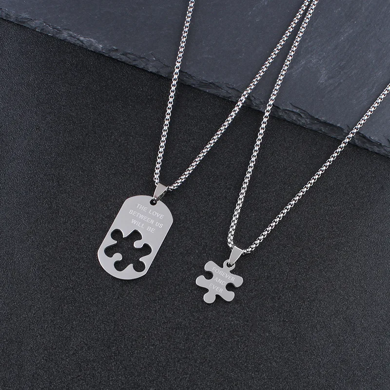 Fashion Hip Hop Minimalist Puzzle Couple Necklace Titanium Steel Pendant Stylish Versatile Jewelry Accessory for Couple