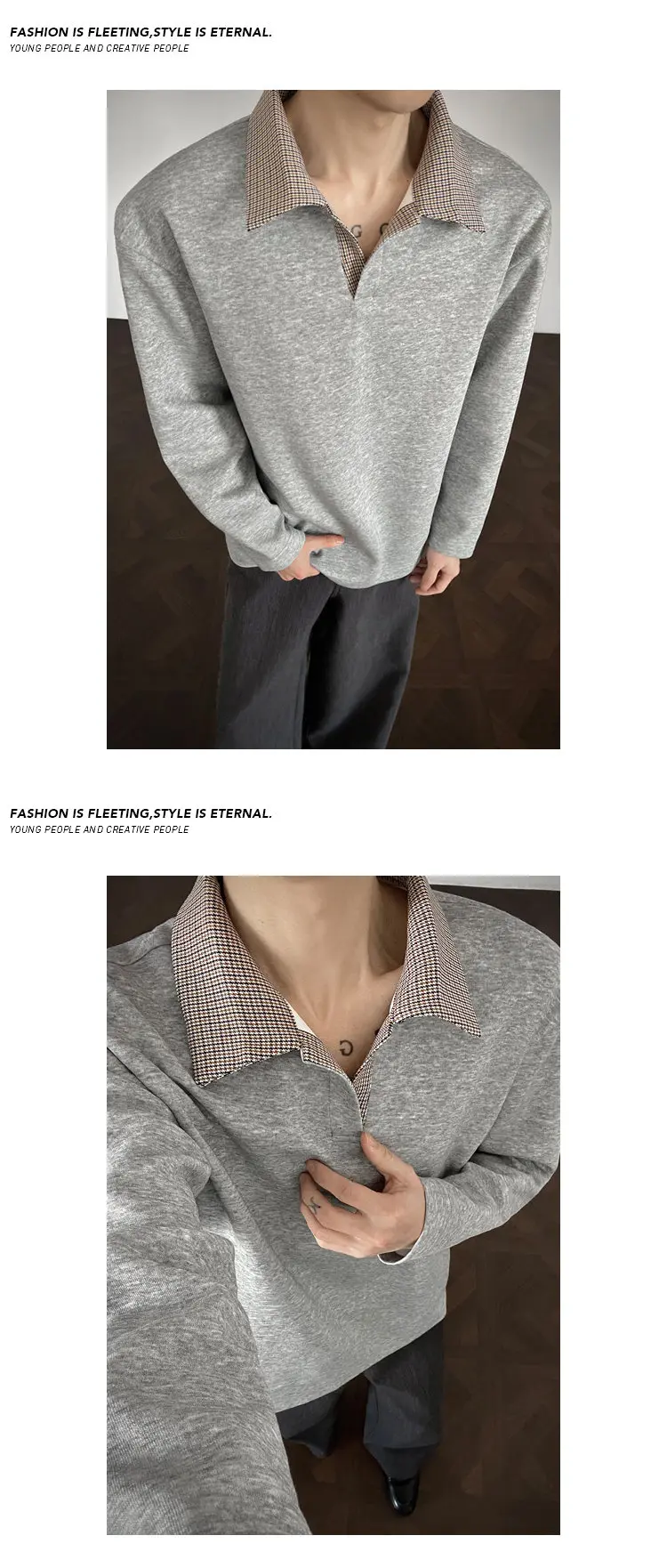Herren-Poloshirt für den Herbst mit gespleißtem Karokragen, langen Ärmeln, aus weichem Strickstoff, entspannter Silhouette für Outdoor-Reisen. – Detail 16
